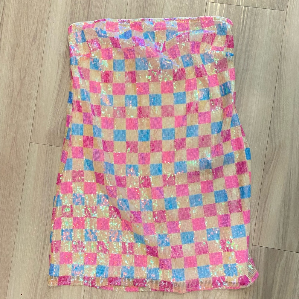 Show Me Your MuMu Strapless Pink and Blue Checkered Dress